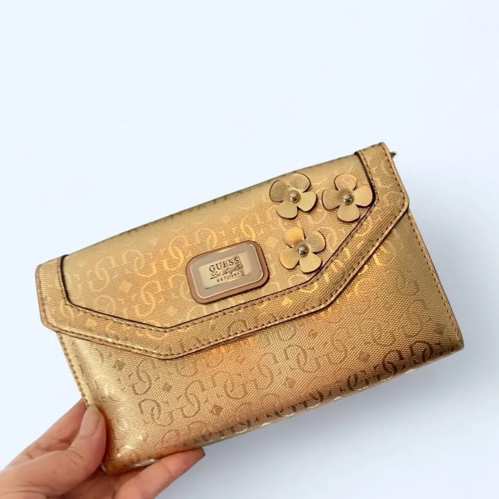 Guess Gold Clutch with Floral Accents